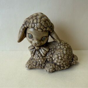 Vintage Small Chalkware Baby Lamb Sheep with Blue Eyes and Floral Motif
